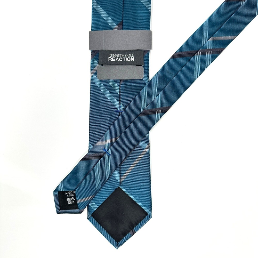 Kenneth Cole Reaction Silk‎ Plaid Slim Tie Blue Gray 2.75x58.5